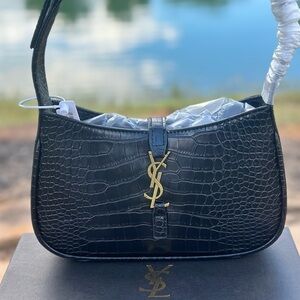 Yves Saint Laurent Black Croc-Pattern Shoulder Bag with Gold Logo